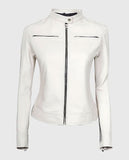 Women's White Leather Cafe Racer Jacket – Premium Outerwear - front view