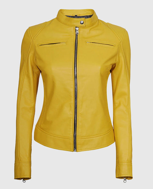 Women's Yellow Cafe Racer Leather Jacket – Premium Outerwear - front view