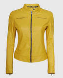 Women's Yellow Cafe Racer Leather Jacket – Premium Outerwear - front view