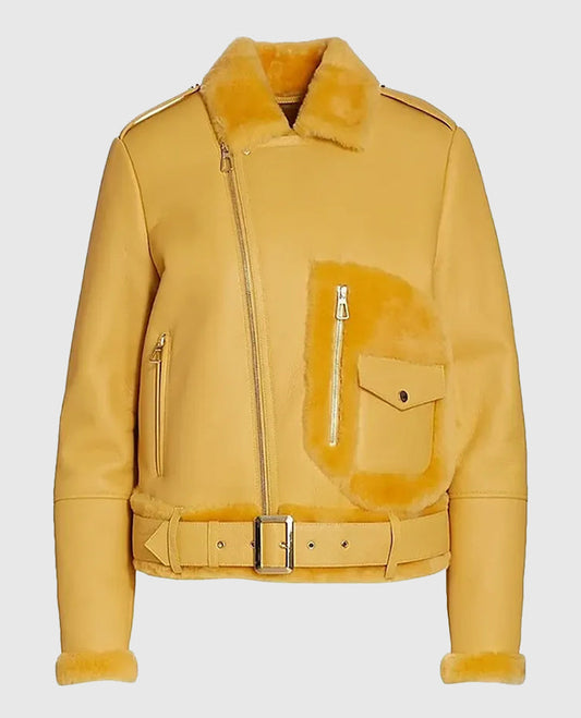 Women's Yellow Shearling Trimmed Leather Moto Jacket - front view