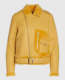 Women's Yellow Shearling Trimmed Leather Moto Jacket - front view