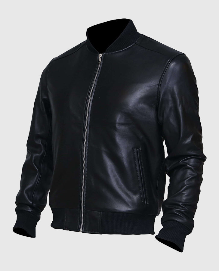 Men's Black Sheepskin Leather Varsity Bomber Jacket - side angle view