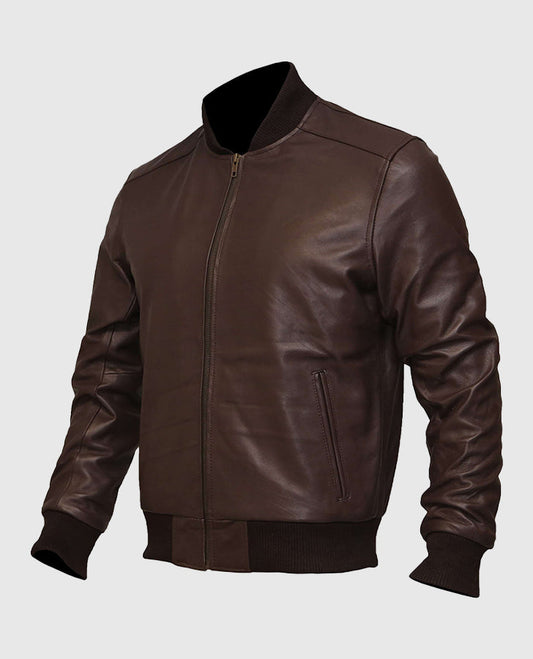Men's Dark Brown Leather Varsity Bomber Jacket – Custom Fit - side angle view
