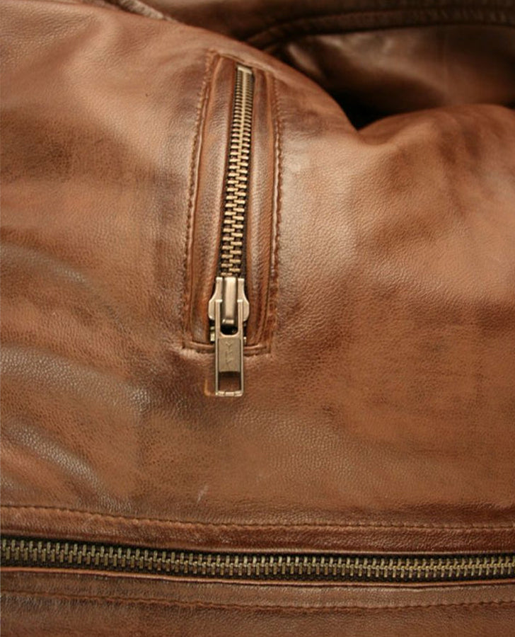 Classic Blouson Brown Leather Jacket for Men – Custom Fit - collar and zip close-up