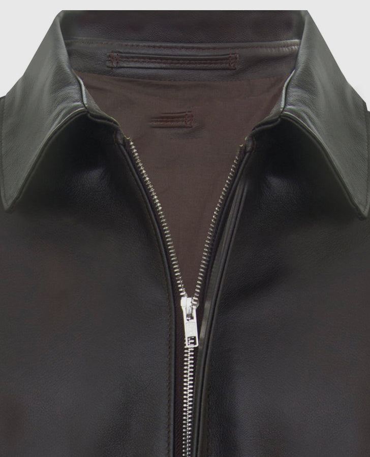 The Legacy Raiders Hero Brown Leather Jacket for Men - collar and zip close-up