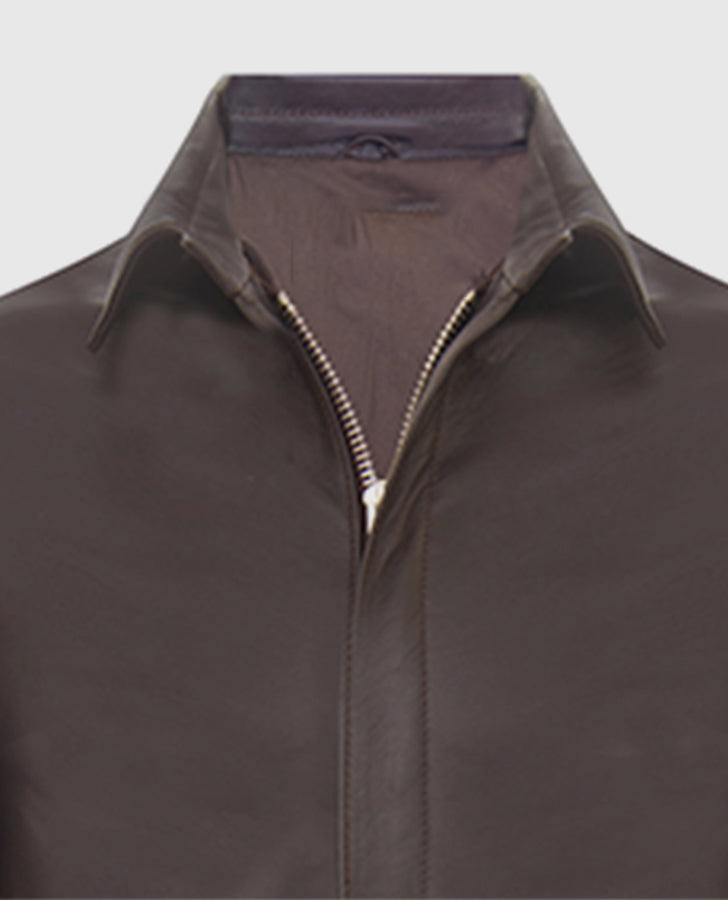 The Legacy Temple of Doom Brown Leather Jacket for Men - collar and zip close-up