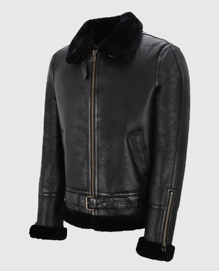 Men's Belted B3 Sheepskin Black Shearling Leather Jacket - side angle view