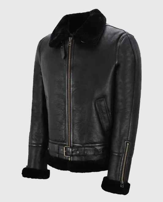 Men's Belted B3 Sheepskin Black Shearling Leather Jacket - side angle view