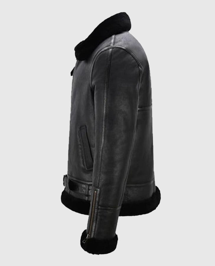 Men's Belted B3 Sheepskin Black Shearling Leather Jacket - collar and zip close-up