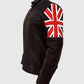 Men's UK Flag Cafe Racer Vintage Black Leather Jacket - collar and zip close-up