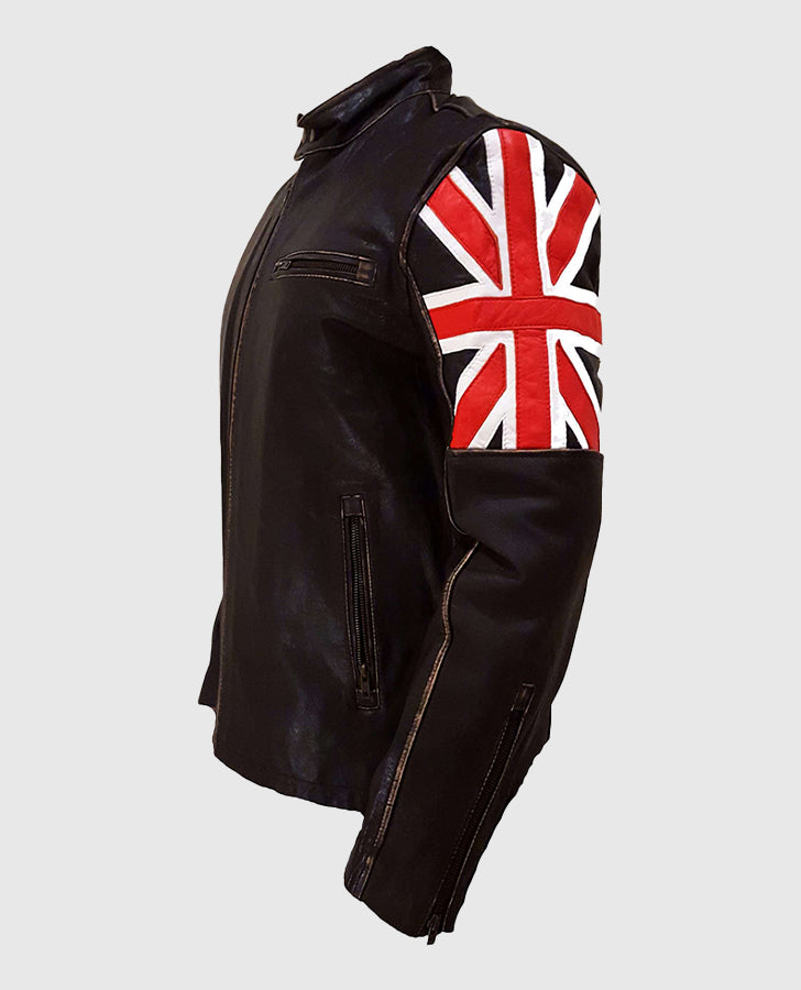 Men's UK Flag Cafe Racer Vintage Black Leather Jacket - collar and zip close-up
