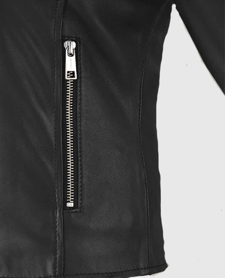 Eva Studded Black Leather Biker Jacket for Women | Genuine Leather - collar and zip close-up