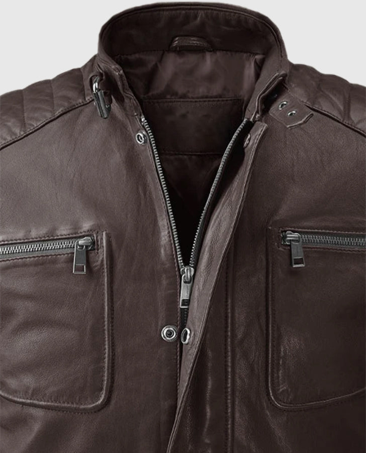 Firefly Moto Brown Biker Leather Jacket for Men – Custom Fit - collar and zip close-up