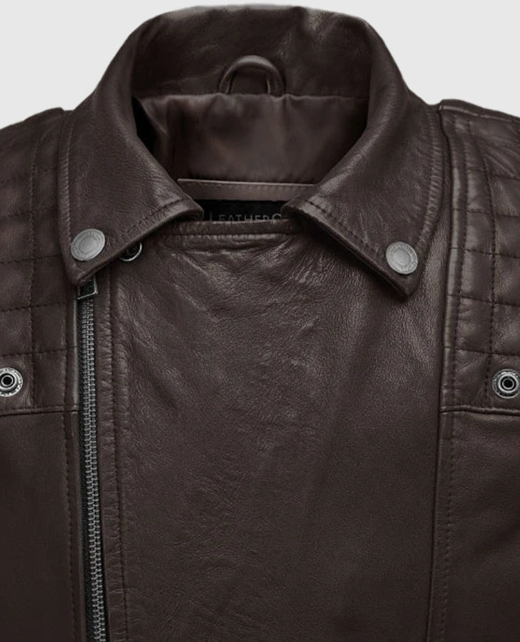 Ironwood Brown Biker Leather Jacket for Men – Premium Outerwear - collar and zip close-up