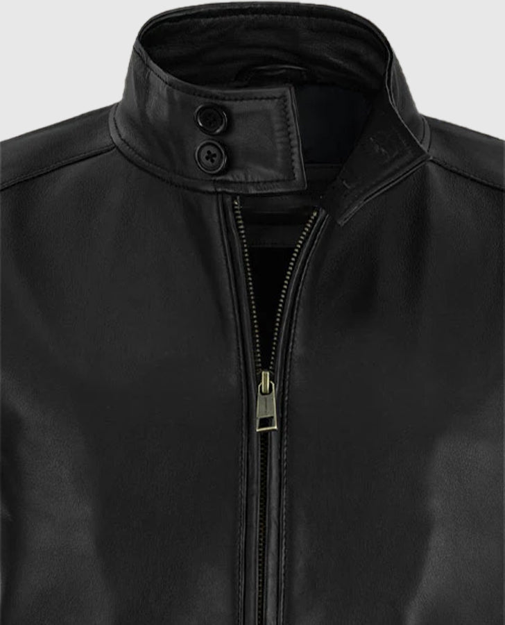 Men's Standup Collar Black Leather Jacket – Premium Outerwear - model wearing the jacket