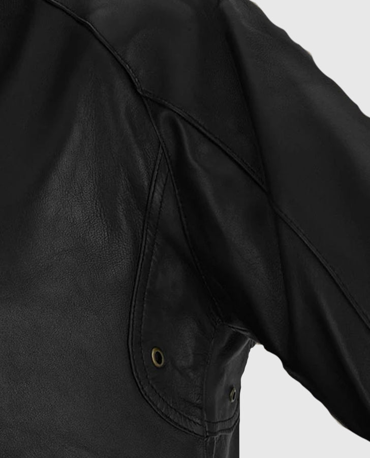 Men's Standup Collar Black Leather Jacket – Premium Outerwear - sleeve and cuff detail