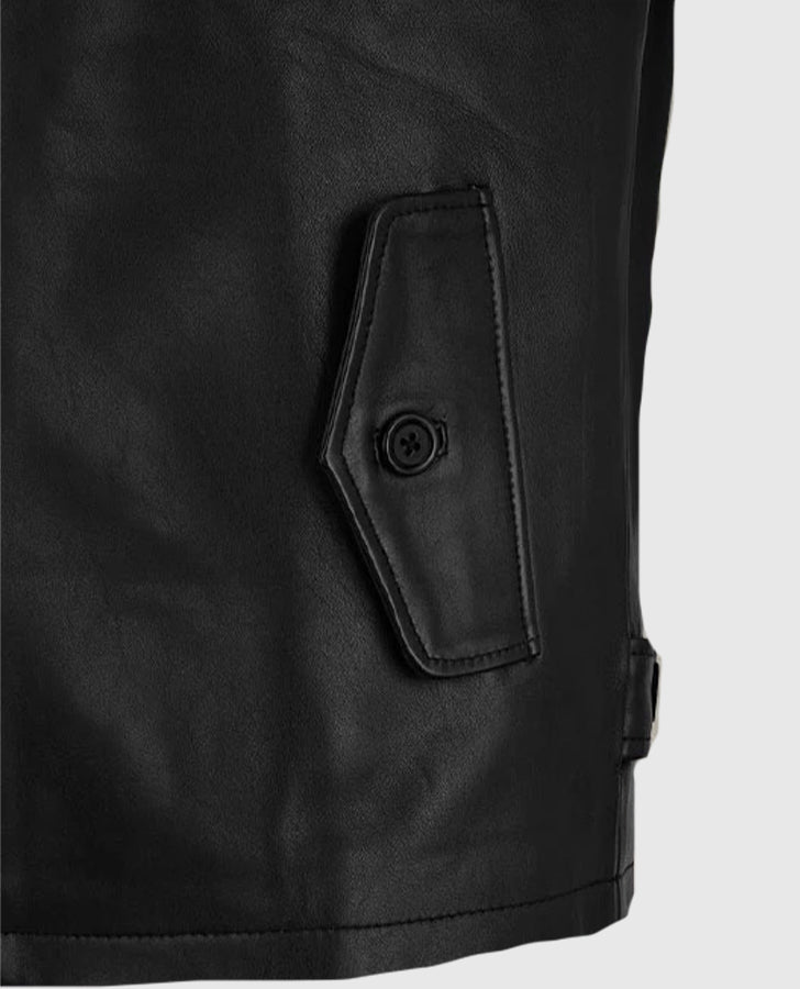 Men's Standup Collar Black Leather Jacket – Premium Outerwear - pocket detail