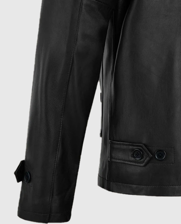 Men's Standup Collar Black Leather Jacket – Premium Outerwear - detail view