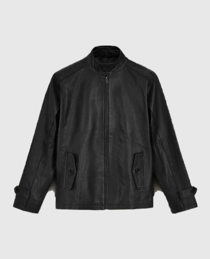 Men's Standup Collar Black Leather Jacket – Premium Outerwear - collar and zip close-up