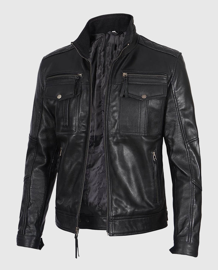 Moffit Men's Cafe Racer Real Black Leather Jacket – Custom Fit - collar and zip close-up