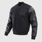MLB New York Yankees Men's Black Varsity Leather Jacket - side angle view