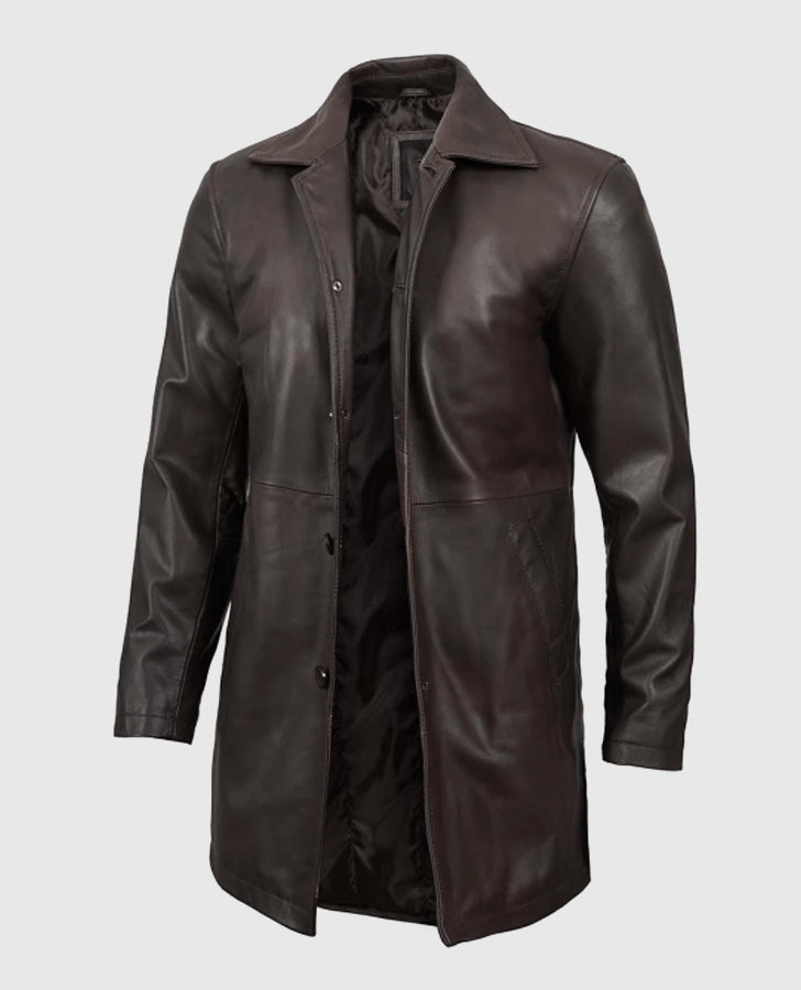 Men's Distressed Dark Brown Leather Coat – Premium Outerwear - side angle view