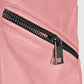 Women's Pink Leather Biker Jacket – Premium Outerwear - collar and zip close-up