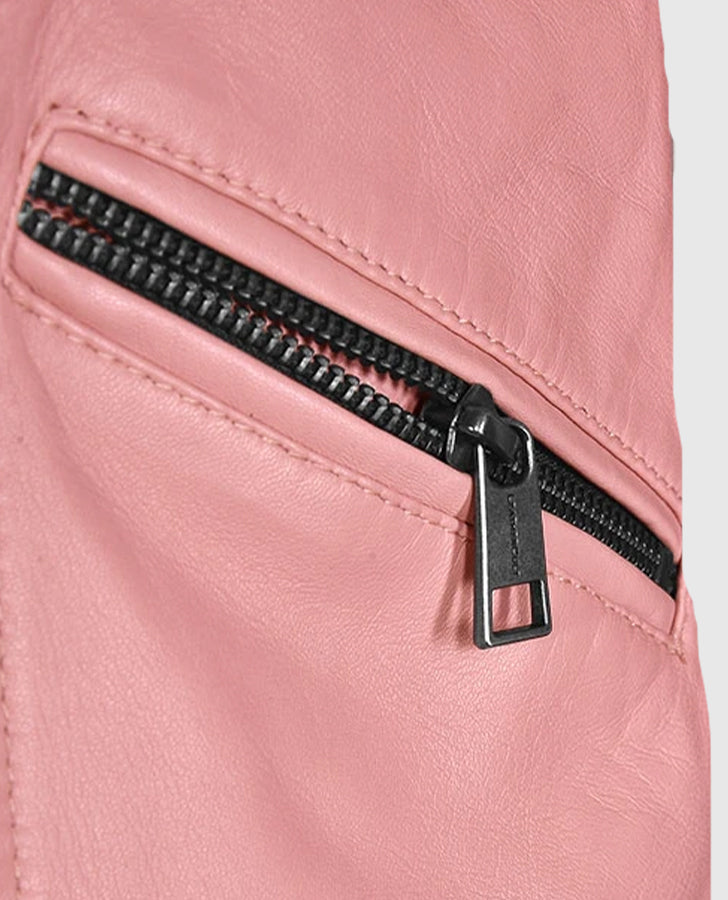 Women's Pink Leather Biker Jacket – Premium Outerwear - collar and zip close-up