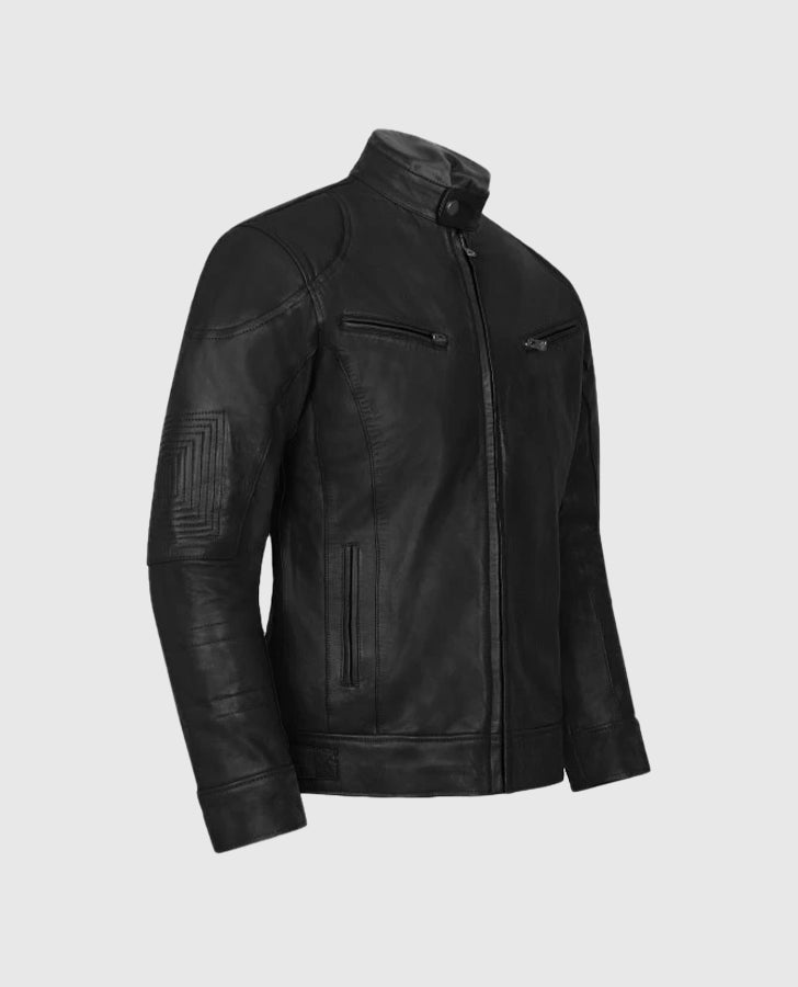 Men's Black Slimfit Cafe Racer Leather Jacket – Premium Outerwear - side angle view
