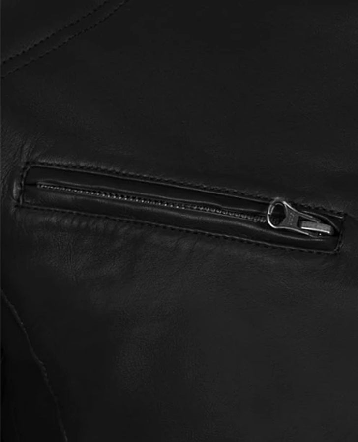 Men's Black Slimfit Cafe Racer Leather Jacket – Premium Outerwear - collar and zip close-up