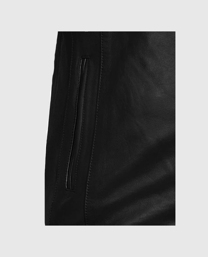 Men's Black Slimfit Cafe Racer Leather Jacket – Premium Outerwear - detail view