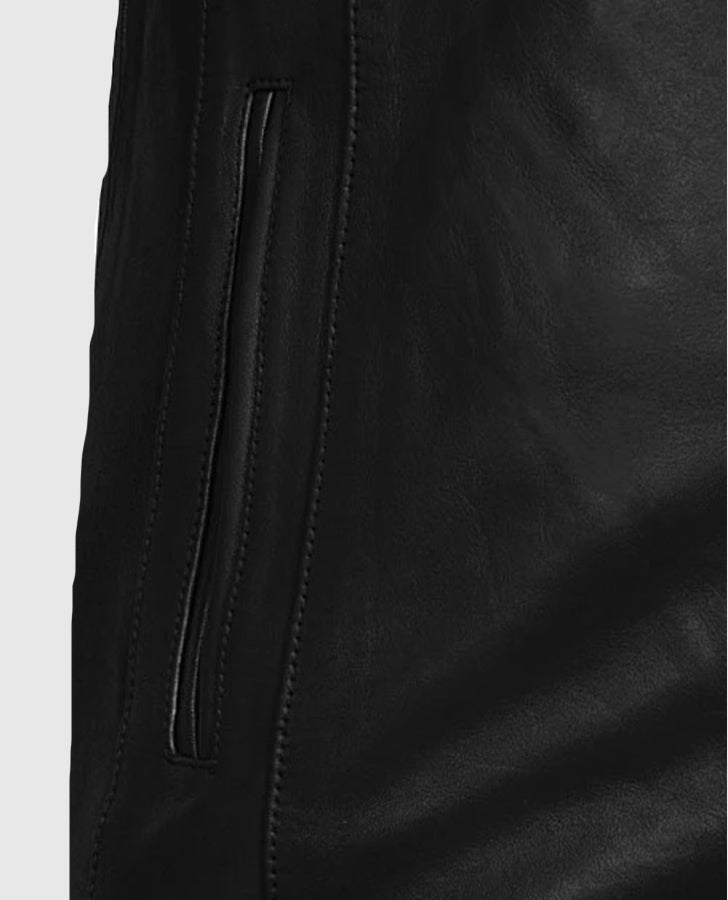 Men's Black Slimfit Cafe Racer Leather Jacket – Premium Outerwear - sleeve and cuff detail
