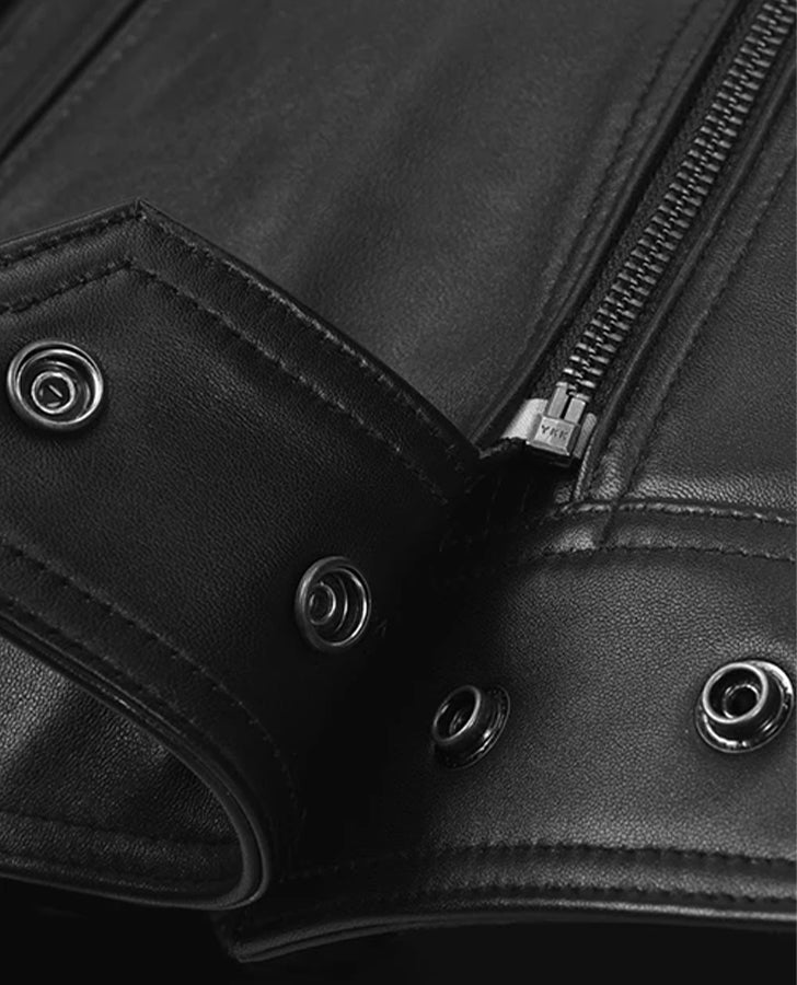 Women's Black Moto Leather Jackets Jacket – Custom Fit - collar and zip close-up