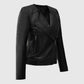 Women's Black Collarless Biker Leather Jacket – Custom Fit - side angle view