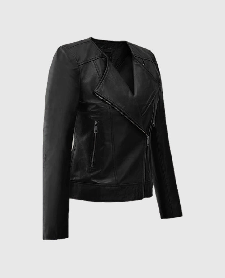 Women's Black Collarless Biker Leather Jacket – Custom Fit - side angle view