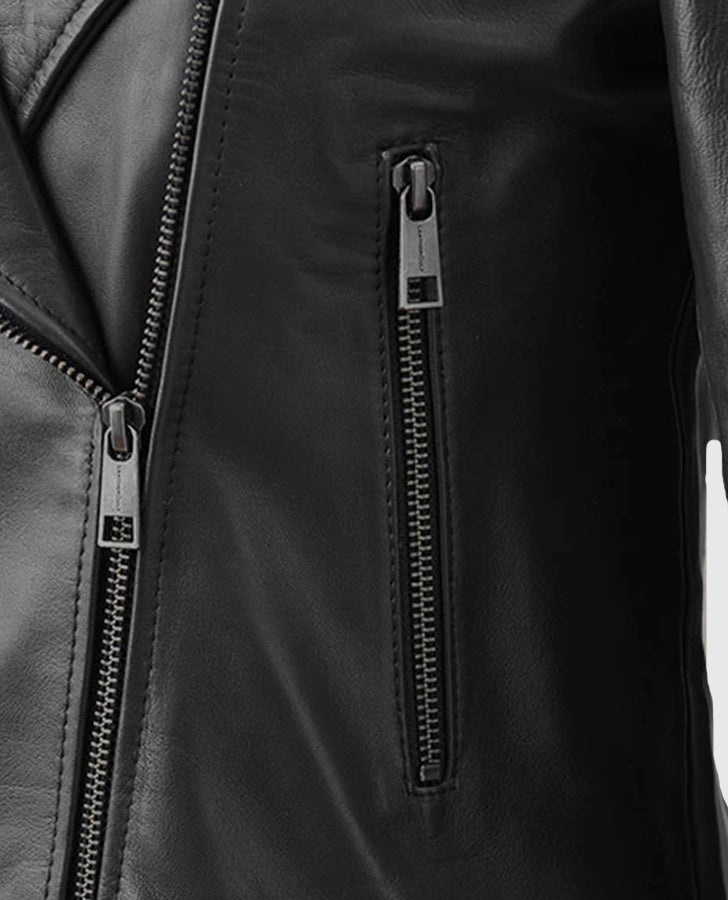 Women's Black Collarless Biker Leather Jacket – Custom Fit - collar and zip close-up