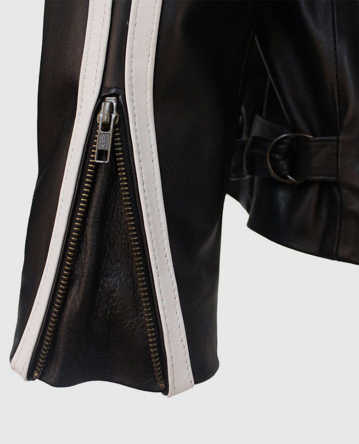 Lethal Weapon Mel Gibson Black Cafe Racer Leather Jacket for Men - collar and zip close-up