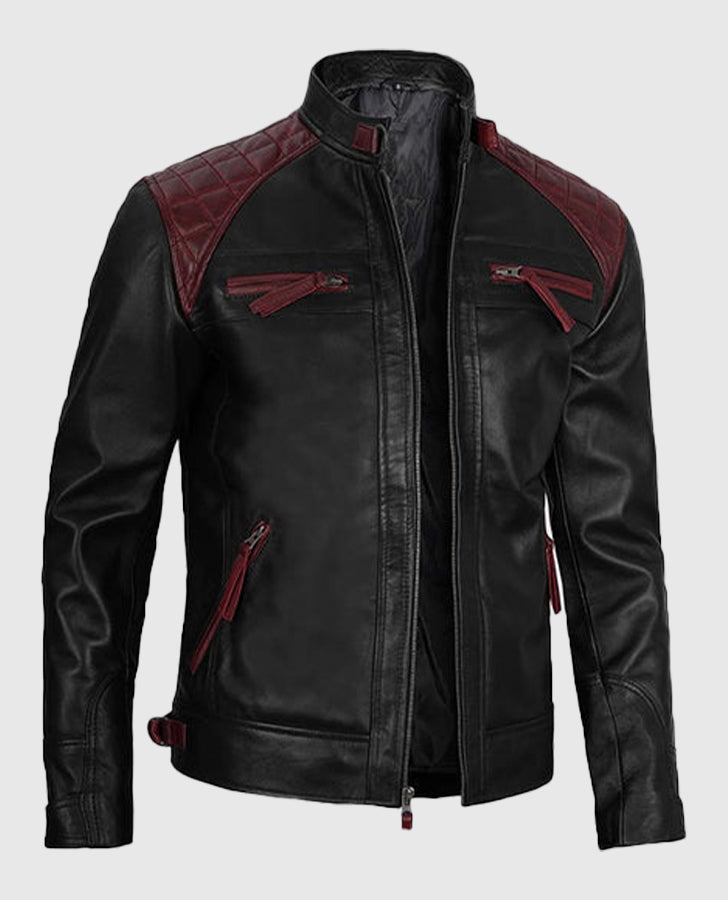 Men's Quilted Cafe Racer Black and Maroon Leather Jacket - side angle view