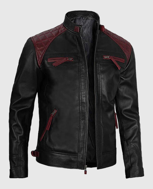 Men's Quilted Cafe Racer Black and Maroon Leather Jacket - side angle view