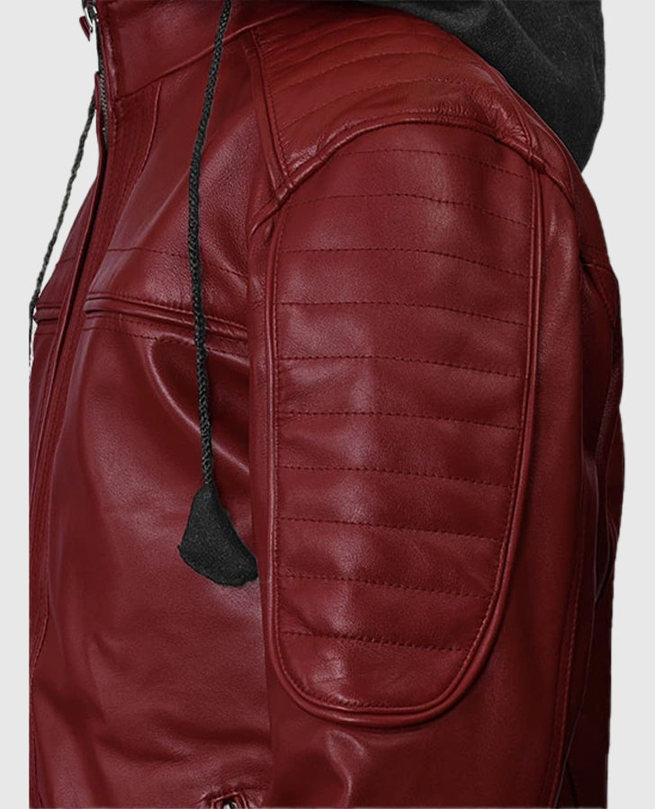 Men's Rodeo Red Hooded Leather Jacket – Custom Fit - collar and zip close-up
