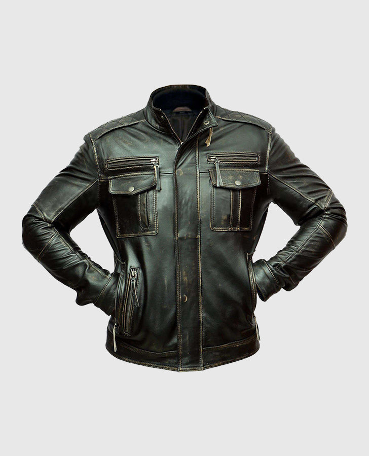 Men's Distressed Cafe Racer Leather Jacket | Genuine Leather - side angle view