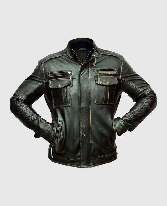 Men's Distressed Cafe Racer Leather Jacket | Genuine Leather - side angle view