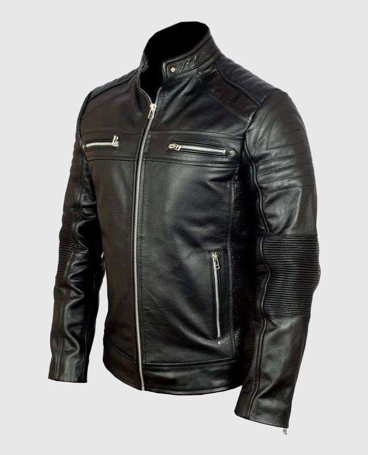 Men's Cafe Racer Vintage Retro Black Leather Jacket - side angle view