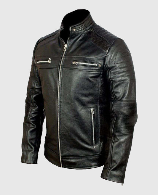 Men's Cafe Racer Vintage Retro Black Leather Jacket - side angle view
