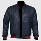 Men's Blue Sheepskin Leather Varsity Bomber Jacket - collar and zip close-up