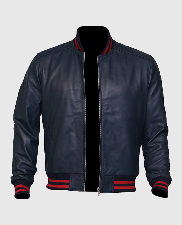 Men's Blue Sheepskin Leather Varsity Bomber Jacket - collar and zip close-up