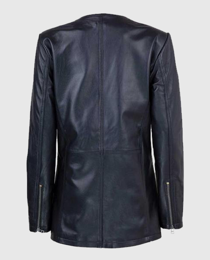 Women's Black Collarless Long Leather Jacket – Premium Outerwear - inner lining view
