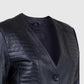 Women's Black Collarless Long Leather Jacket – Premium Outerwear - side angle view