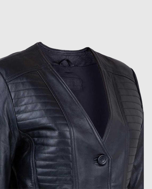 Women's Black Collarless Long Leather Jacket – Premium Outerwear - side angle view