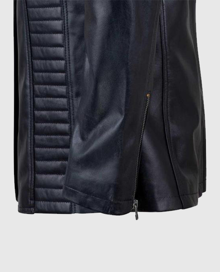 Women's Black Collarless Long Leather Jacket – Premium Outerwear - collar and zip close-up
